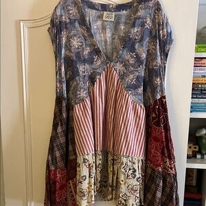Jaded Gypsy Blue and Red Patchwork V-Neck Tunic